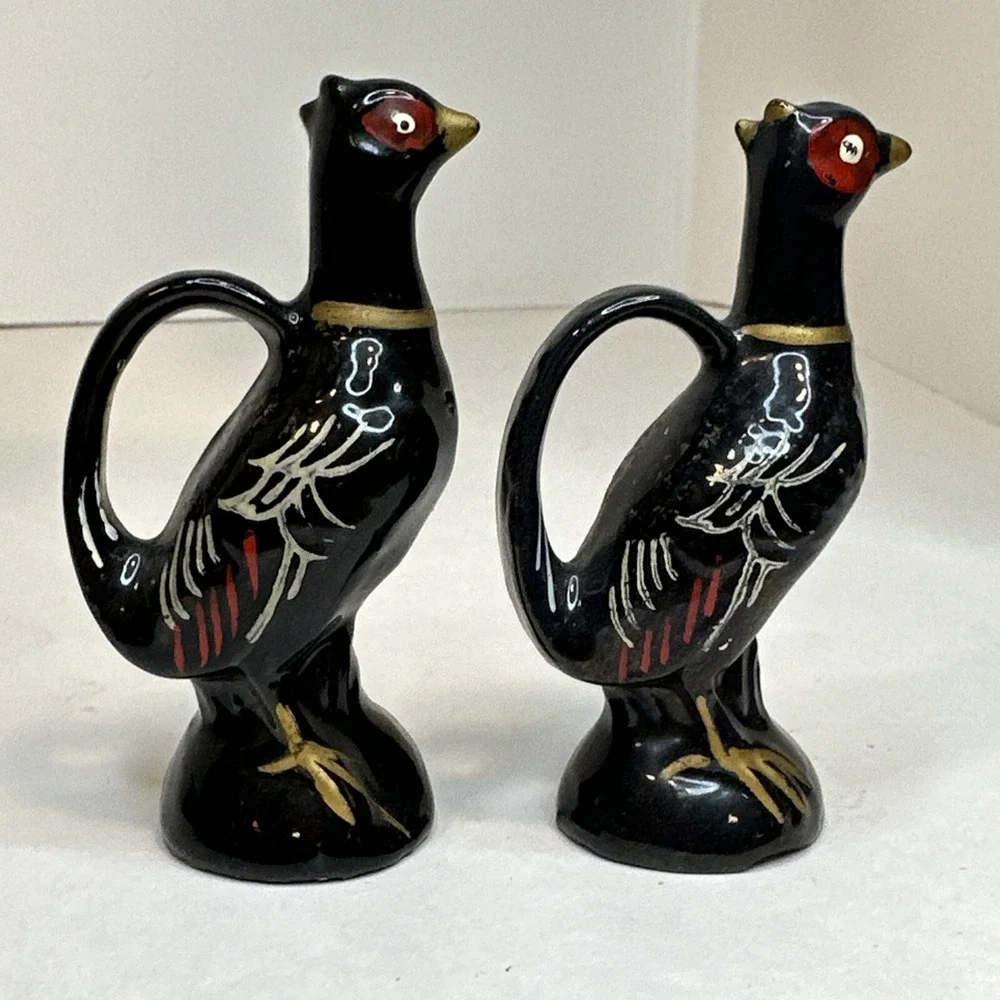 Relco Redware Japan Vintage Black Pheasants Birds Salt and Pepper Shakers 1950s